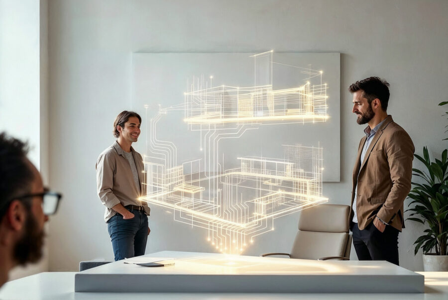 Workers gather around a conference room table with a generated projection or hologram of a workspace interior.
