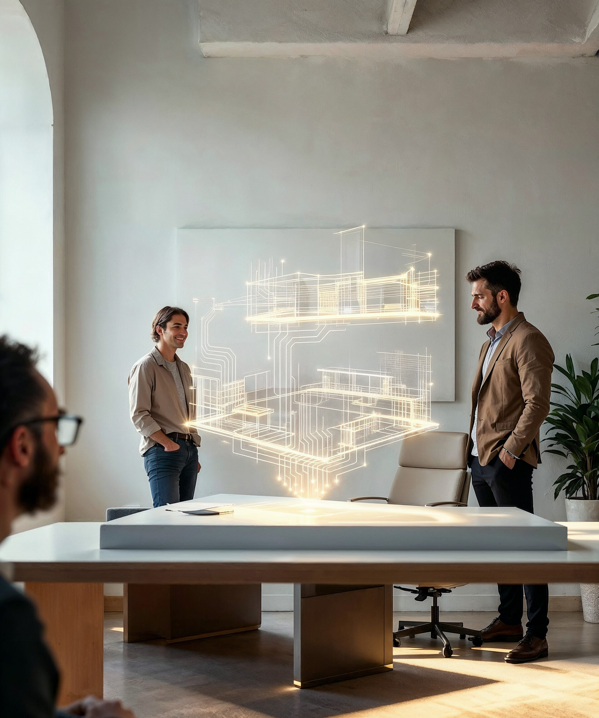 Workers gather around a conference room table with a generated projection or hologram of a workspace interior.