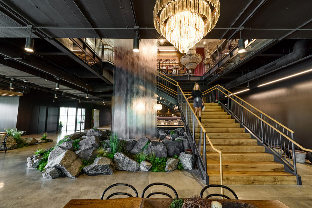 The four-story indoor waterfall in Boot Barn's corporate headquarters in Irvine, CA.